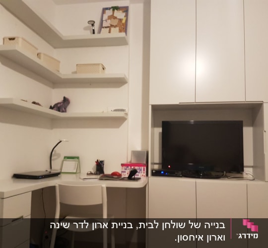 חדר עבודה עם מדפים, שולחן וכיסא